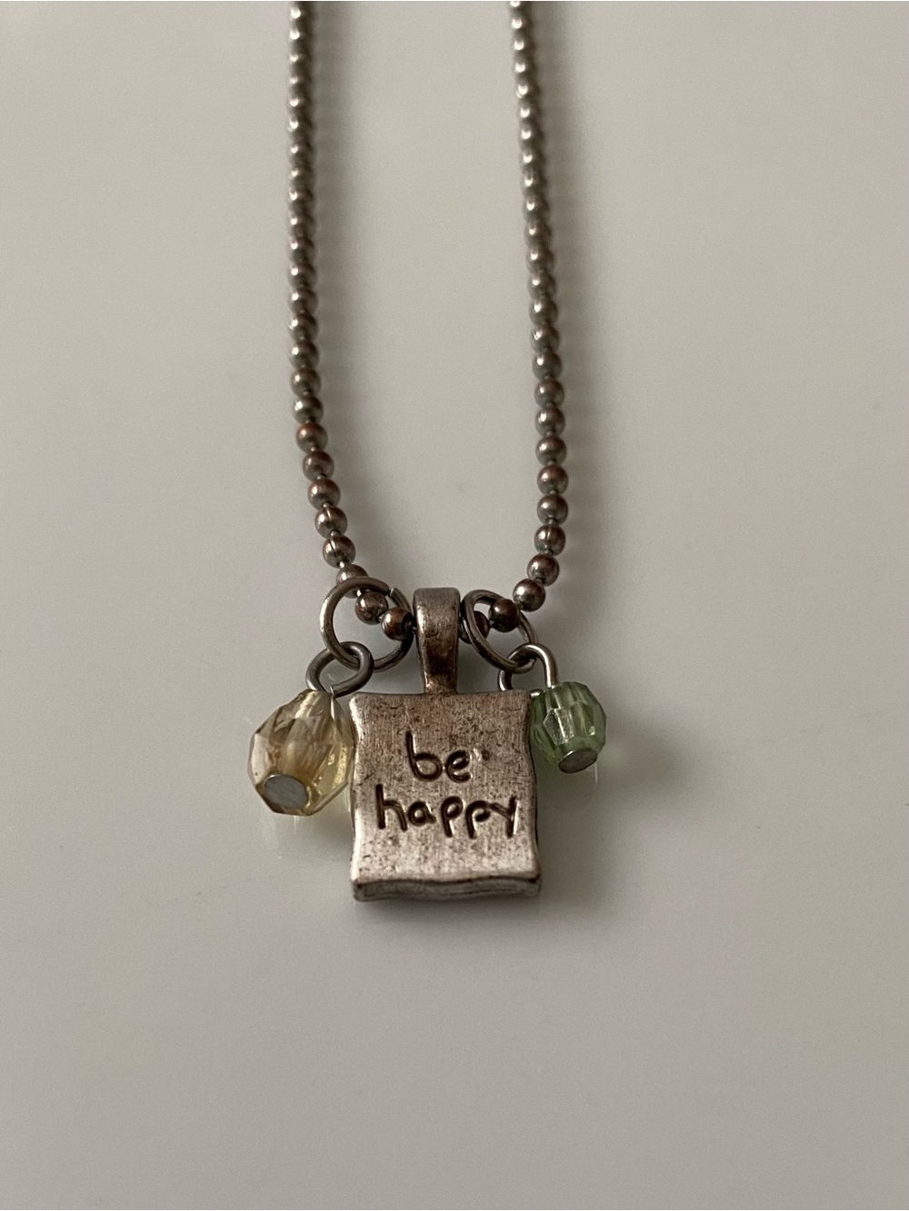 Be Happy Silver-Tone Pendant Necklace with Yellow and Green Beads